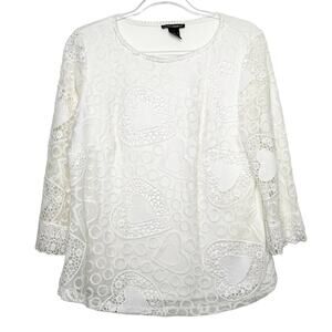 LAUREN MICHELLE Heart Lace Blouse 3/4 Sleeve Scoop Neck Sheer Mesh White Size M